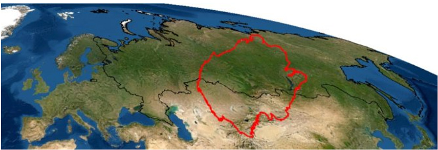 The size of the Russian forest (green) is gigantic. The size of the Amazon is outlined in red. 